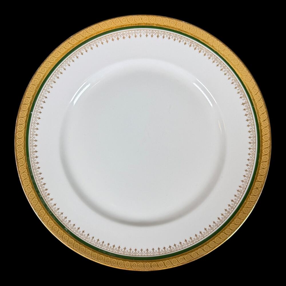 9.5" WILLIAM GUERIN Limoges France Co Porcelain Dinner Plate Green Gold Border